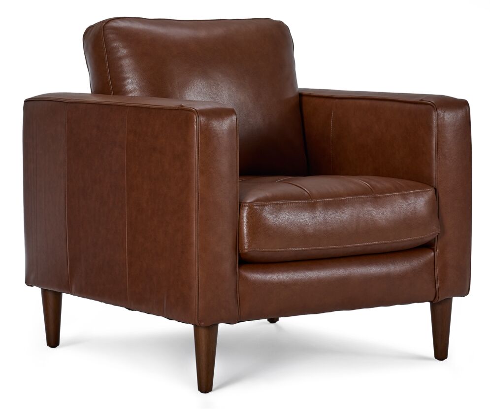 Bari Leather Chair in cobblestone brown, shown at an angle with cushioned back, tufted seat, track arms and tapered wood legs