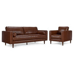 Bari Leather Sofa and Chair Set in cobblestone brown with tufted seating, track arms and tapered wood legs