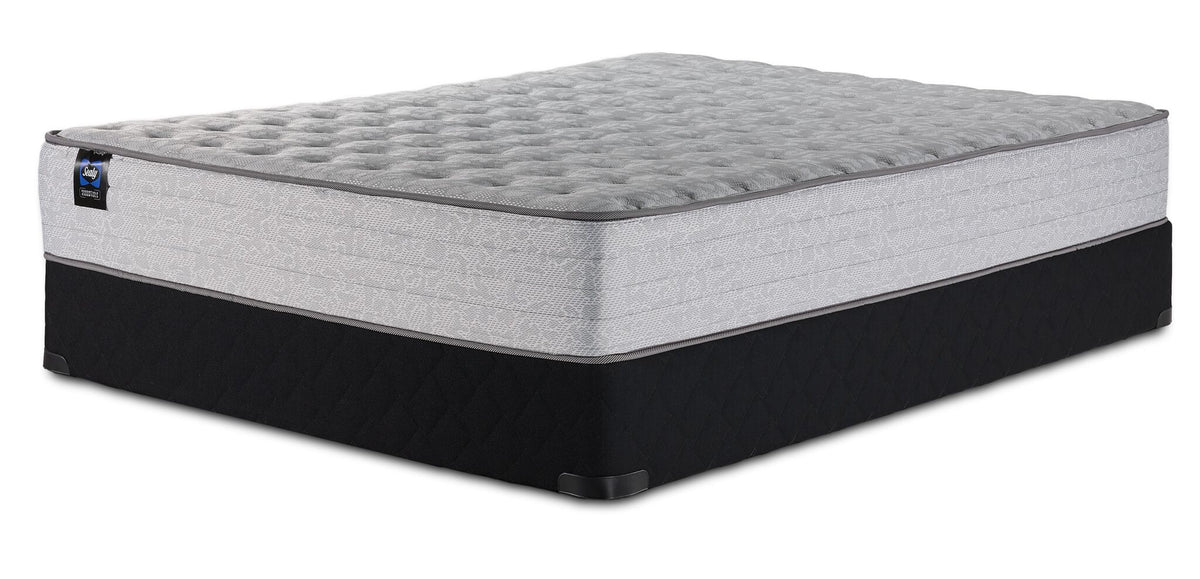 Sealy Burchelle Extra Firm Tight Top Queen mattress and black boxspring set, three-quarter view