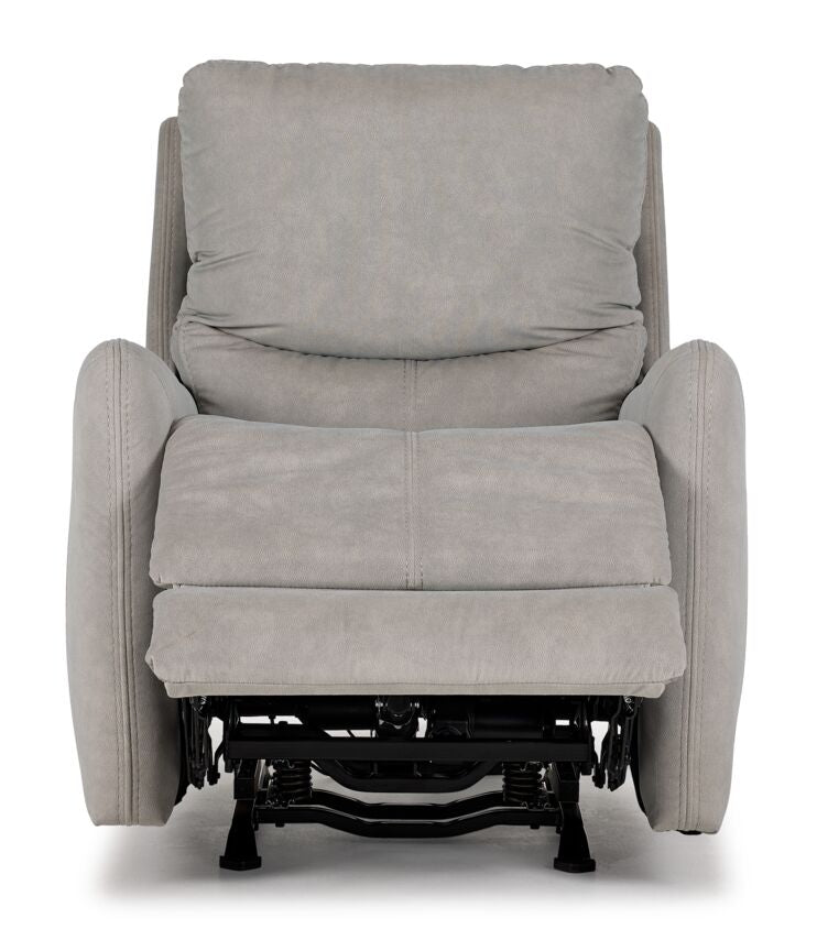 Front view of grey Chase Power Rocker Recliner with power footrest extended and reclining mechanism visible