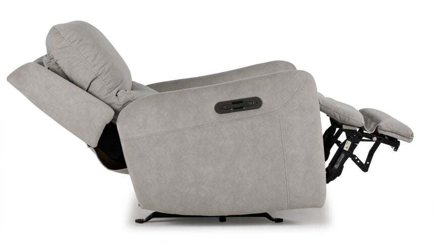 Side view of grey Chase Power Rocker Recliner fully reclined with raised footrest and adjustable headrest