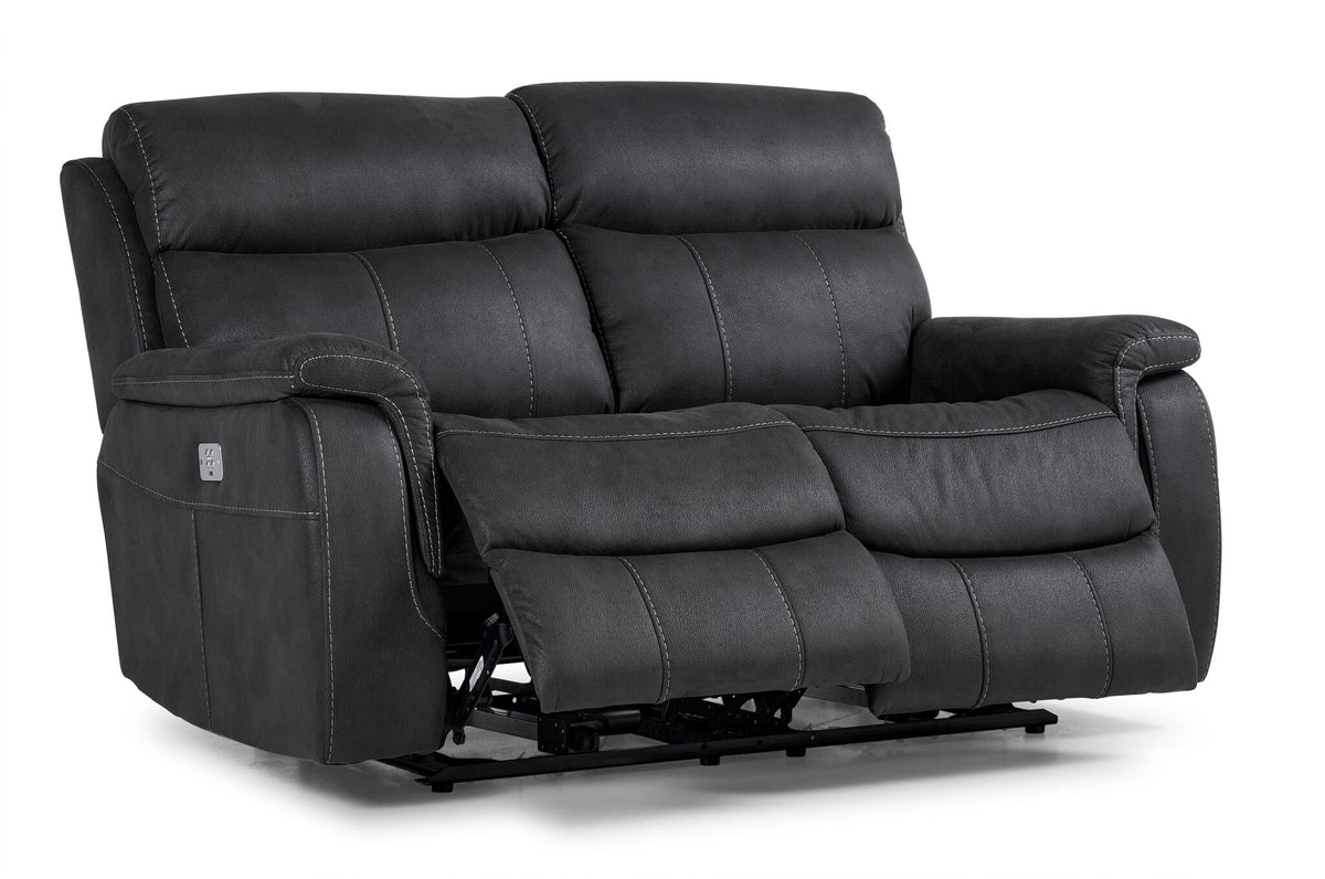 Haven Dual Power Reclining Loveseat in grey with both chaise footrests extended and padded headrests