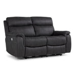 Haven Dual Power Reclining Loveseat in grey with plush bucket seats, padded headrests, curved arms and contrast stitching
