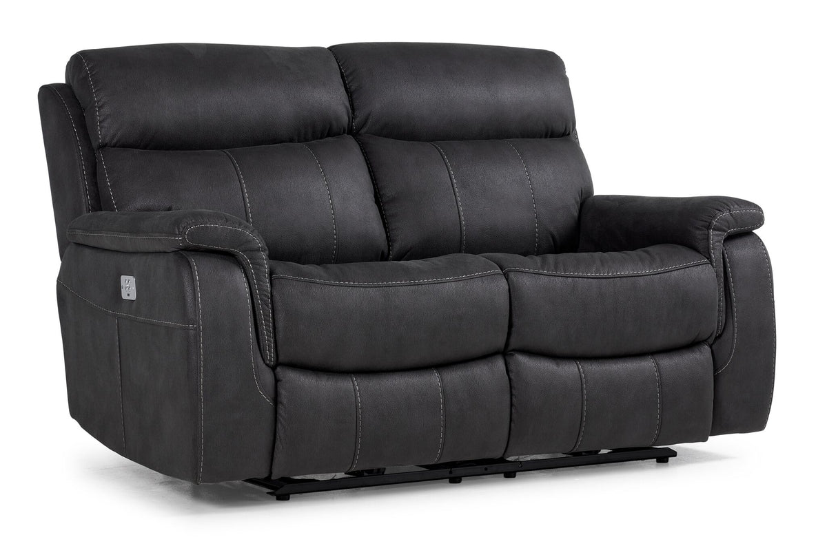 Haven Dual Power Reclining Loveseat in grey with plush bucket seats, padded headrests, curved arms and contrast stitching