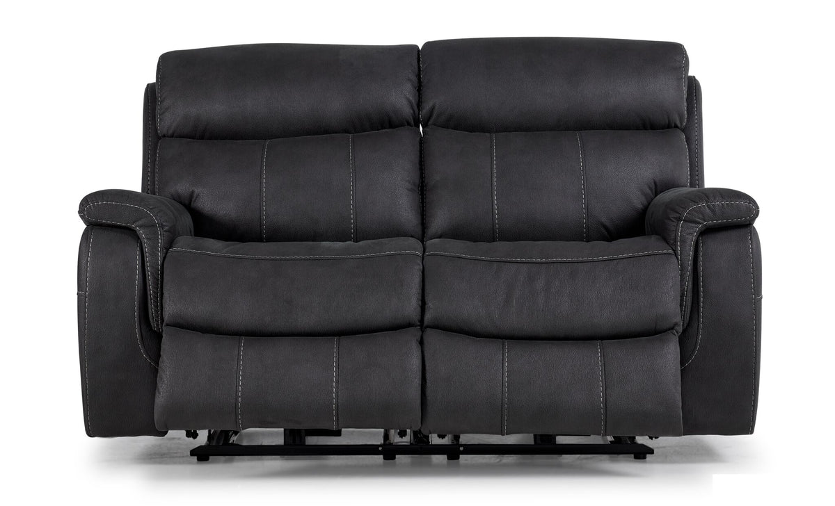 Front view of Haven grey dual power reclining loveseat with both full chaise footrests extended