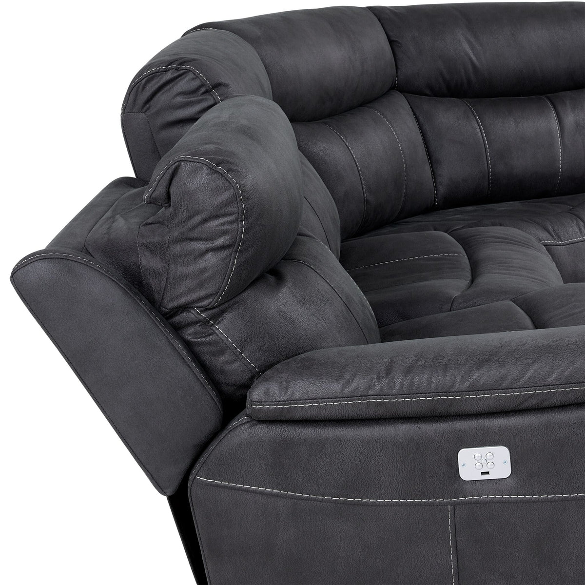 Close-up of Haven grey sectional showing padded headrest, white contrast stitching and side-mounted power controls