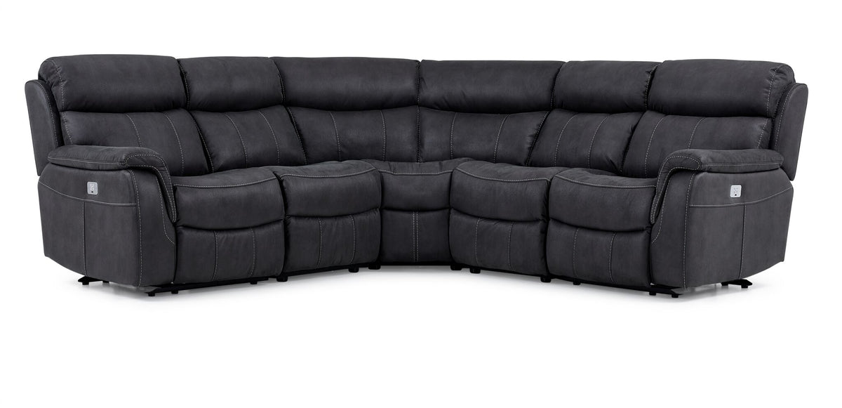 Haven 5-piece dual power reclining sectional in grey, three-quarter view with padded seats and curved corner