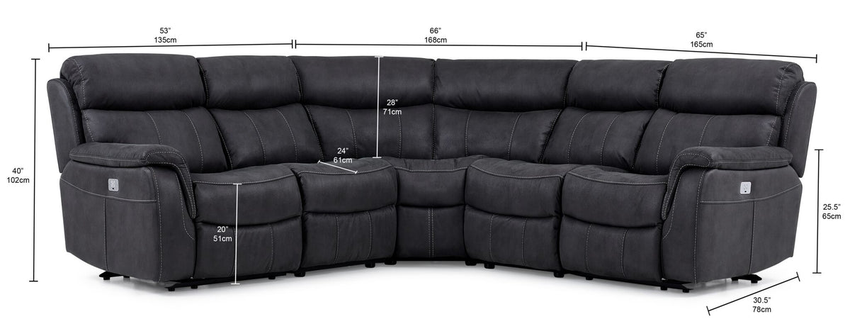Haven grey 5-piece dual power reclining sectional with labelled width, height, depth and seat dimensions