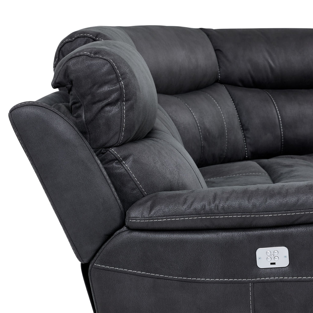 Close-up of Haven grey sectional showing padded headrest, contrast stitching and side-mounted power controls
