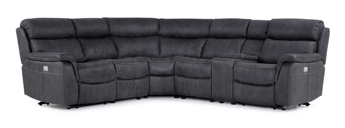 Haven 6-piece dual power reclining sectional in grey with plush bucket seating, centre console and contrast stitching