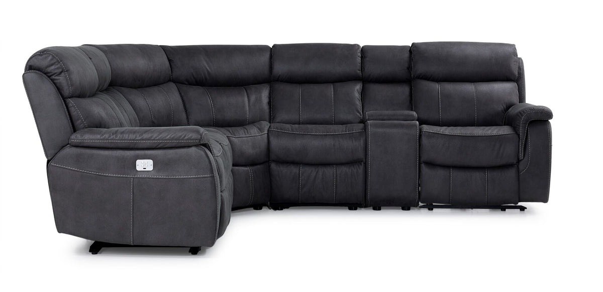 Haven grey 6-piece dual power reclining sectional shown from the side with padded headrests, centre console and power controls