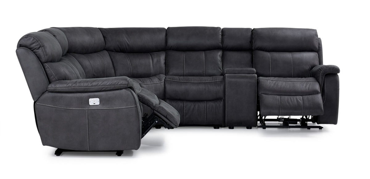 Side view of Haven grey 6-piece sectional with dual power recliners extended, padded headrests and centre console