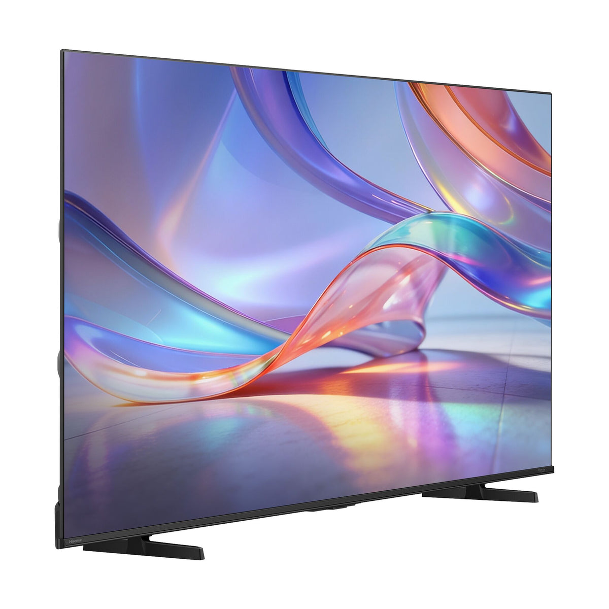 Three-quarter view emphasizing the expansive QLED screen and slim black frame