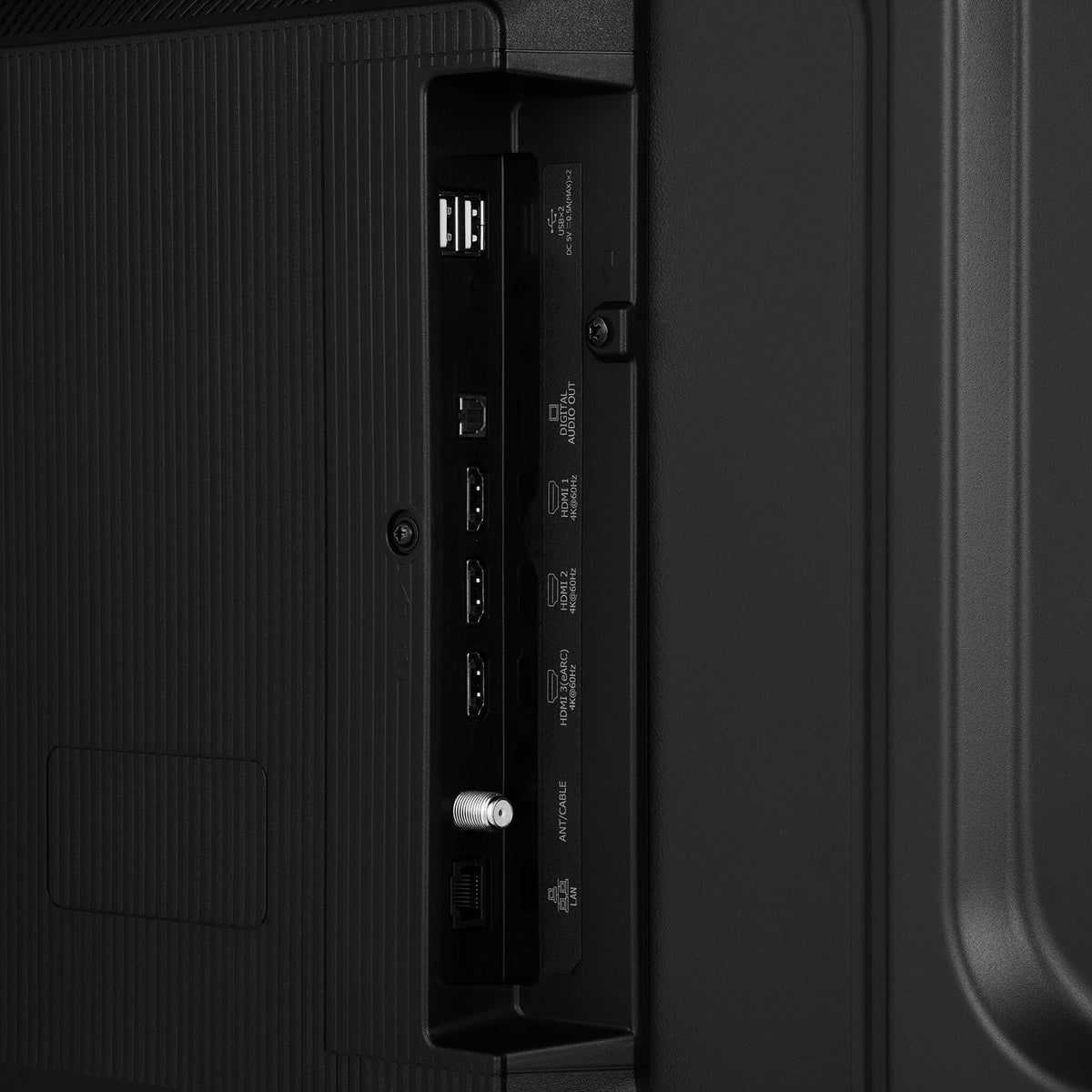 Detailed view of rear USB, digital optical, HDMI, antenna and LAN connections