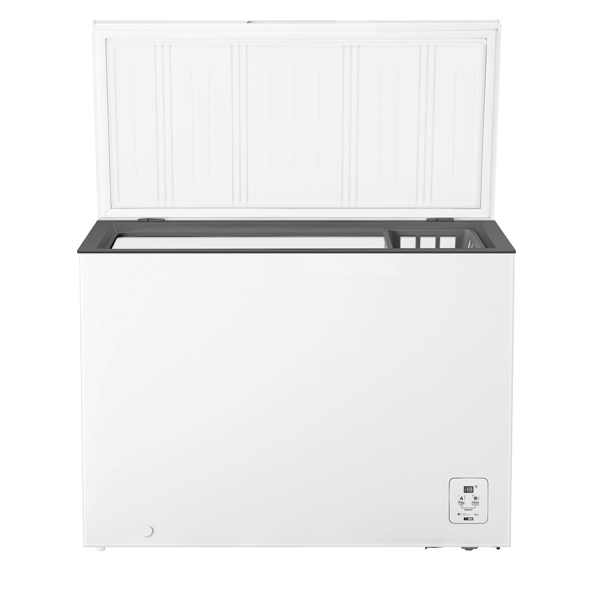 Front view of Hisense white 10.5 cu. ft. convertible chest freezer with lid open, showing spacious interior and removable storage basket