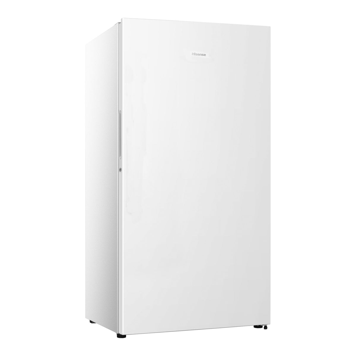 Three-quarter view of Hisense white 17 cu. ft. garage-ready convertible upright freezer with a flat door, integrated pocket handle and clean minimalist design