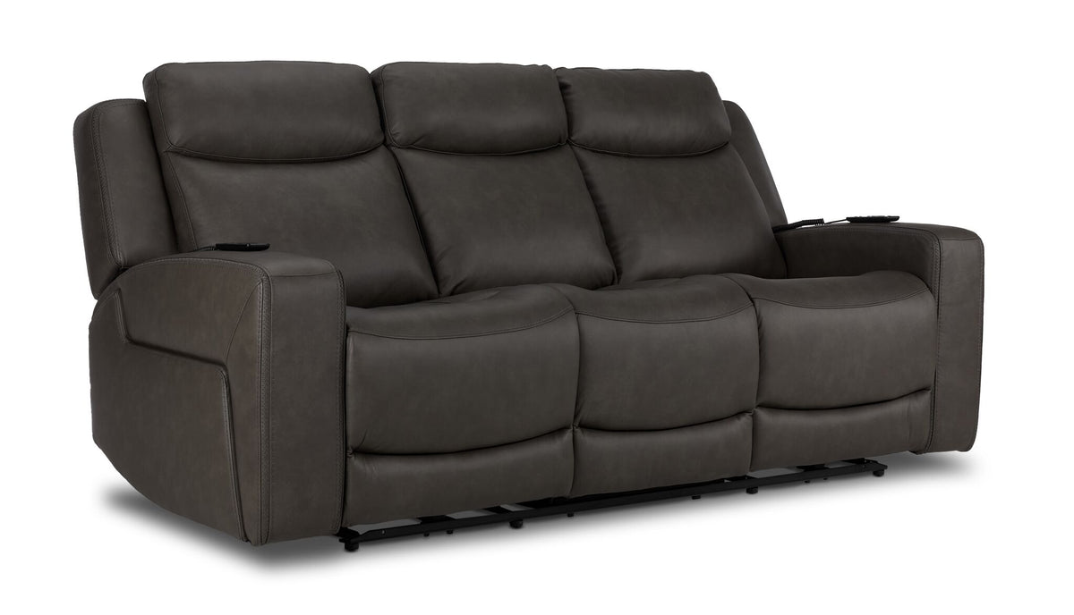 Jackson anthracite leather power reclining sofa angled view with three padded seats, plush headrests and wide arms