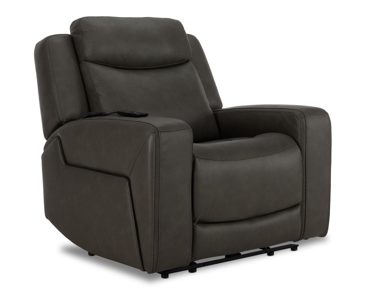 Jackson anthracite leather power recliner angled view with padded headrest, wide arms and plush seat