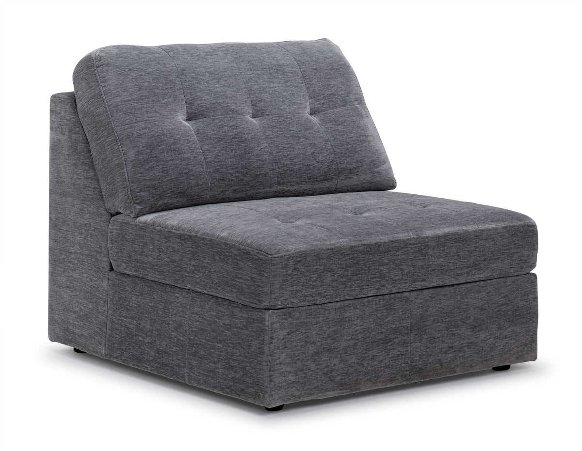 Jayce grey armless modular chair with tufted back cushion, deep padded seat and low black legs