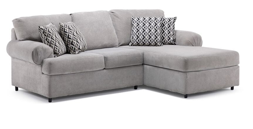 Jupiter 2-Piece Sectional with Right-Facing Chaise - Ash Grey with rolled arms, plush cushions and patterned pillows