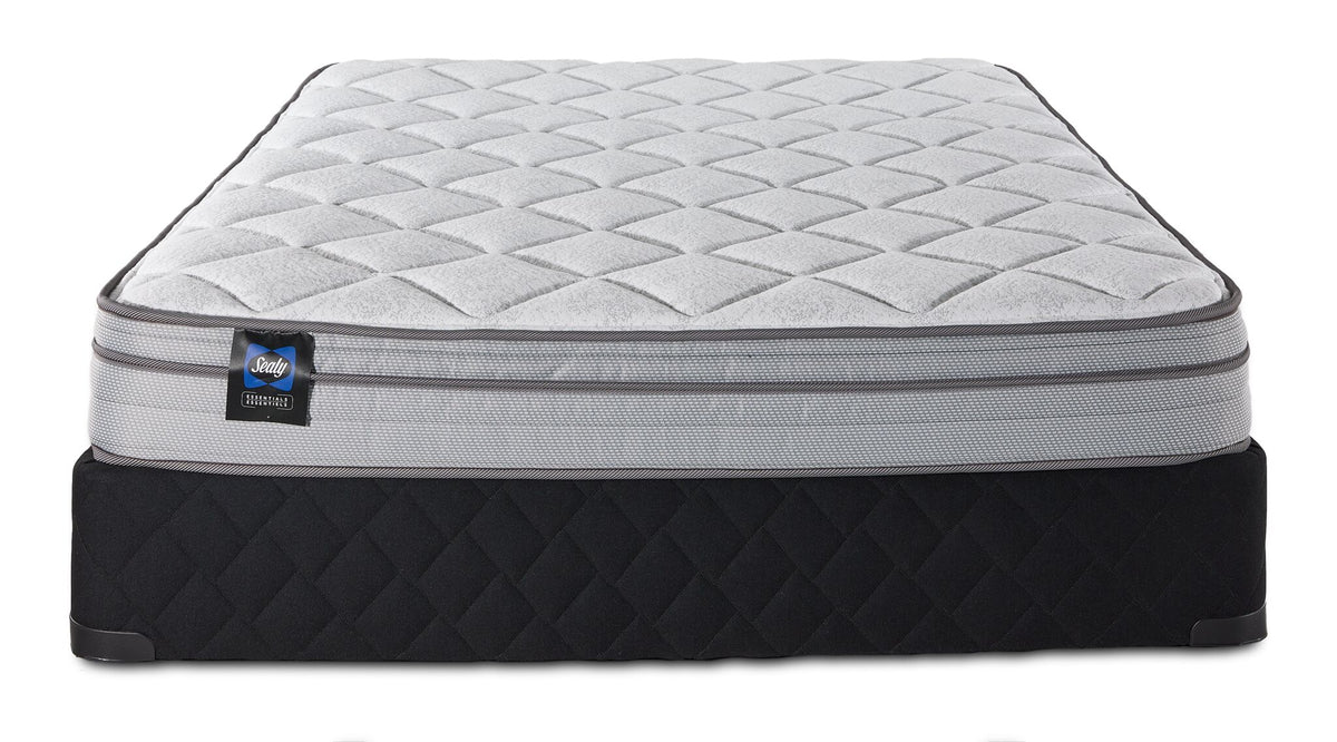 Front view of Sealy Essentials Kairo Medium Euro Top Twin XL mattress and boxspring set with black quilted base