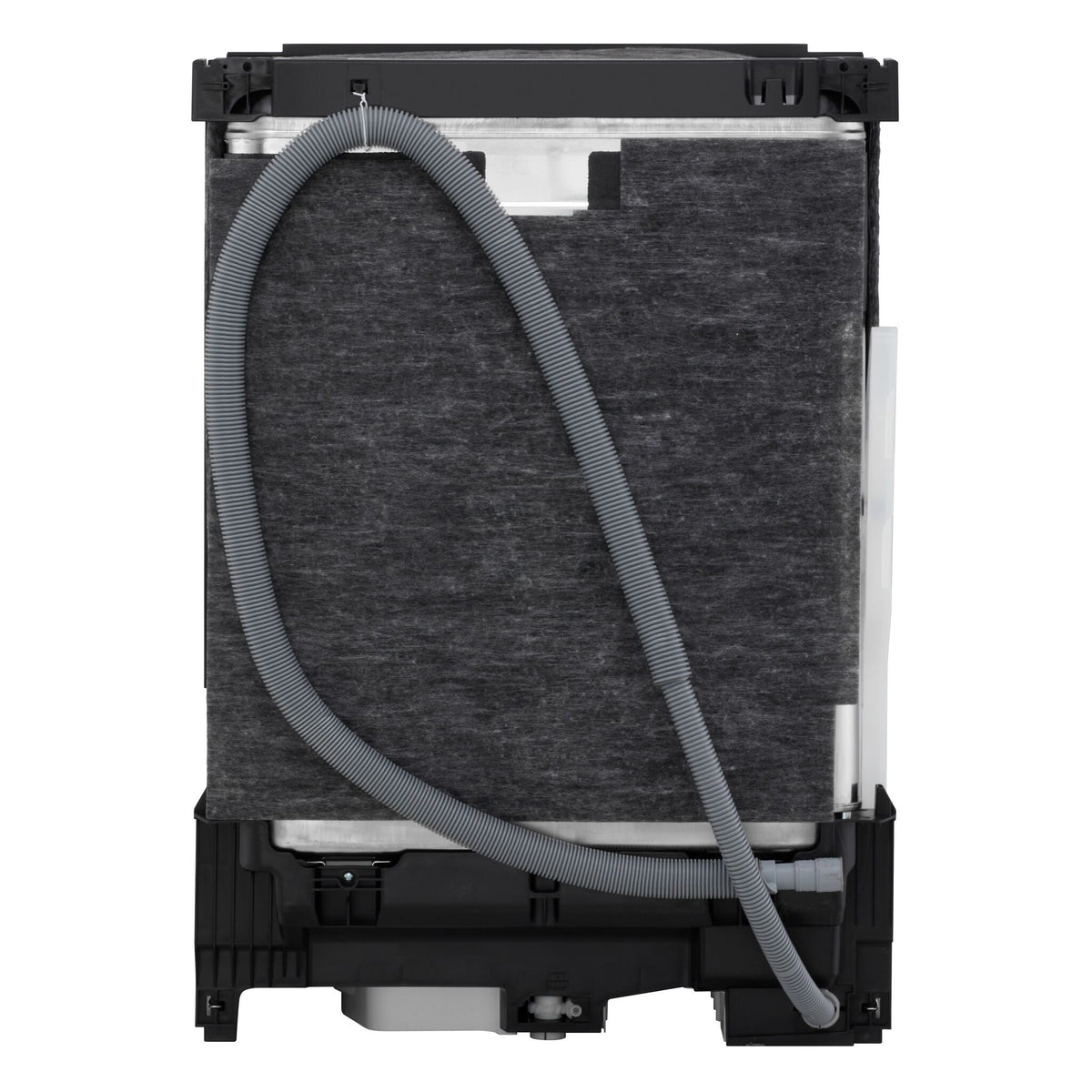 Rear view of LG smart dishwasher showing insulated exterior, drain hose and rear installation components