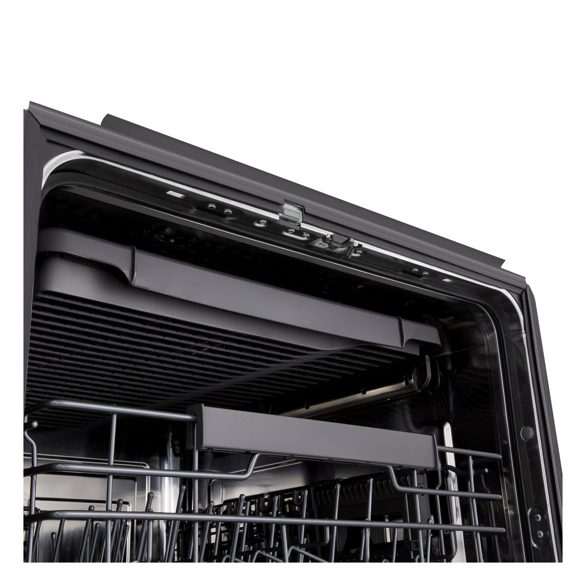 Close-up of LG dishwasher interior showing the upper third rack and stainless steel wash tub