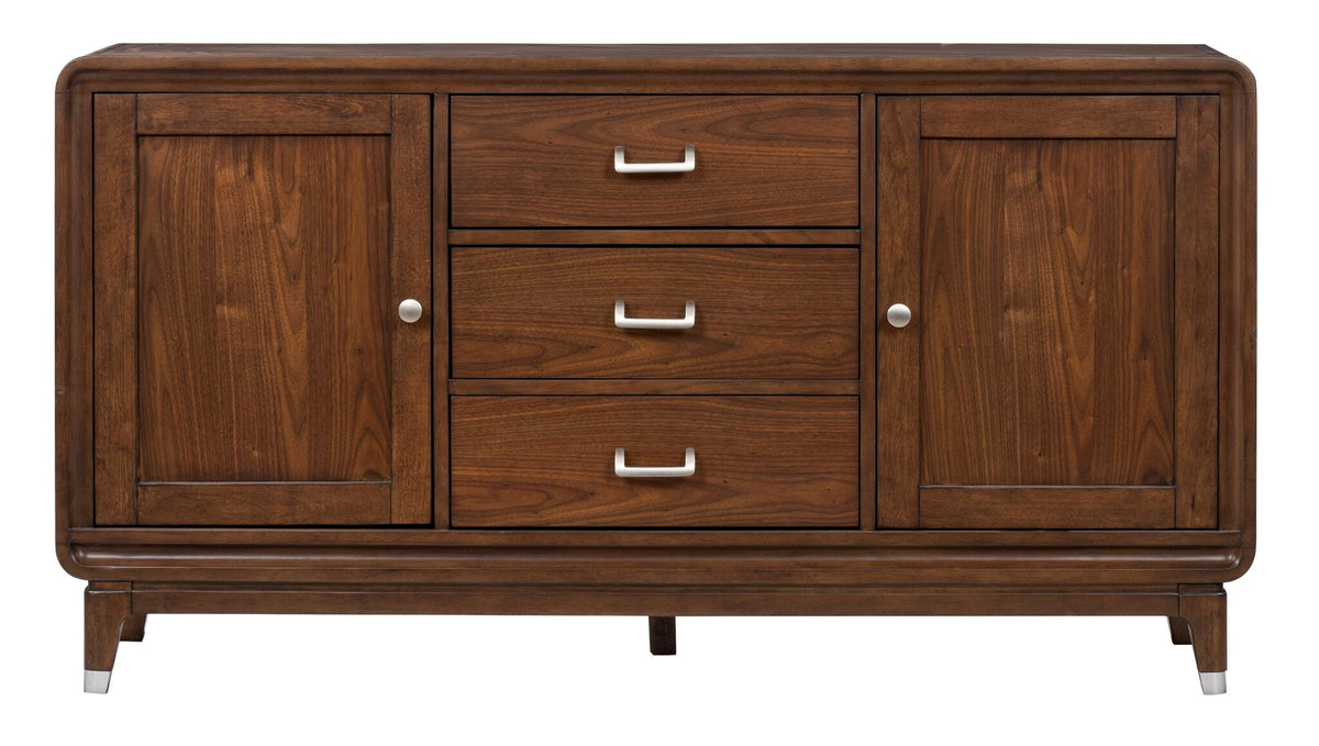 Front view of Langdon Server - Brown Walnut with three drawers, two cabinet doors and metal-capped feet