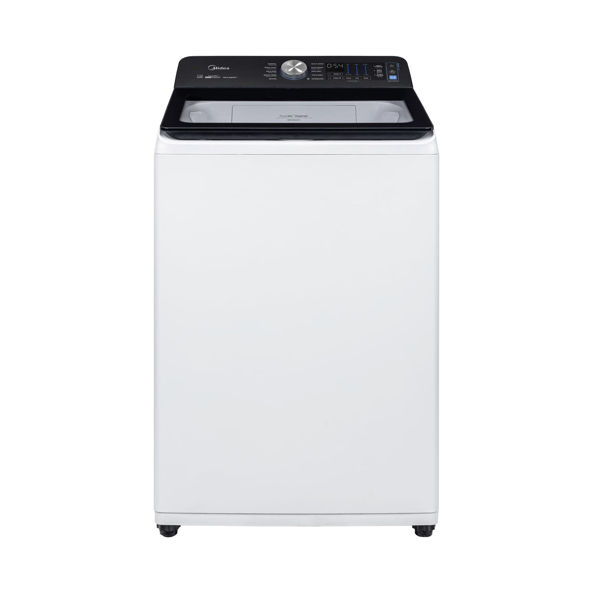 Midea MLTW51A5CWW white top load washer with glass lid and black digital controls