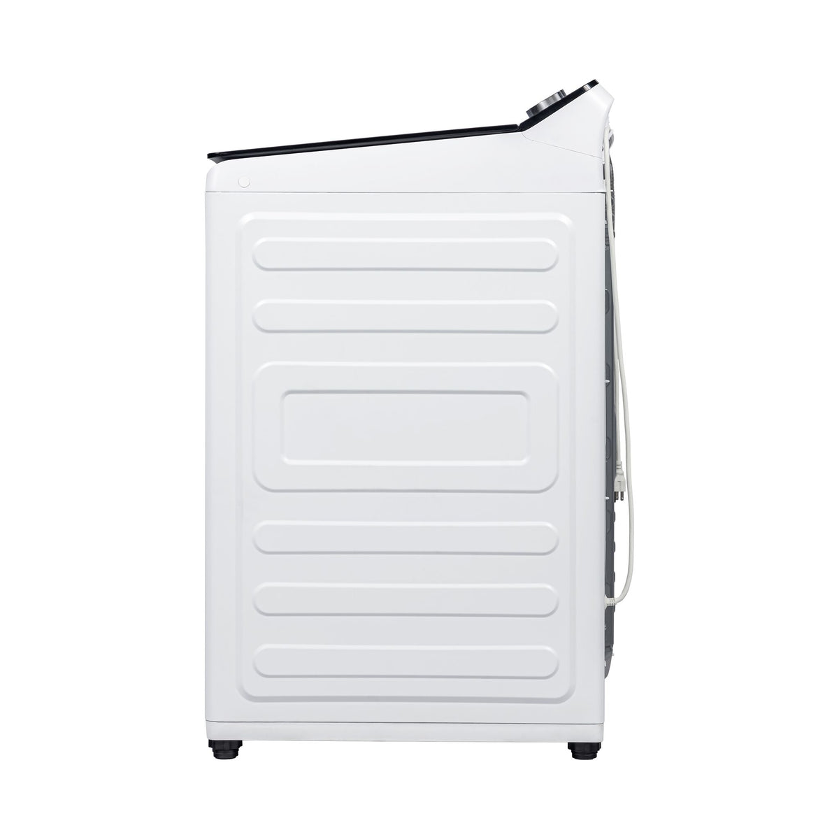 Side profile of the white top load washer with raised control console
