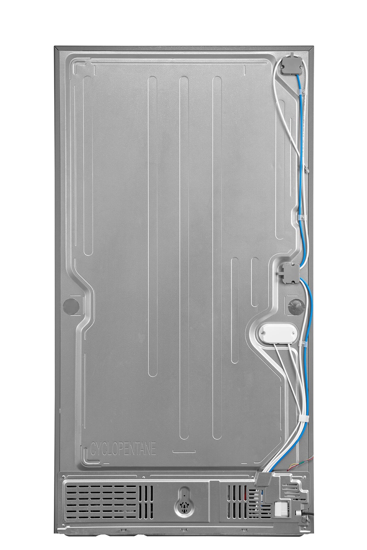 Rear view showing the back panel, wiring, tubing and lower ventilation area