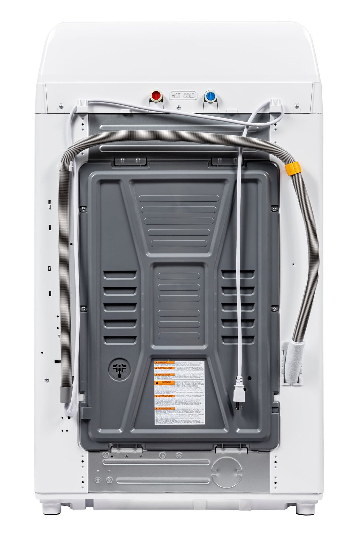 Rear view showing hot and cold water connections, drain hose and power cord