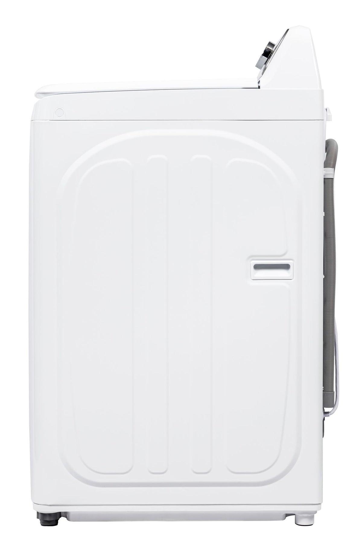 Side profile of the white top load washer with recessed side handle and drain hose