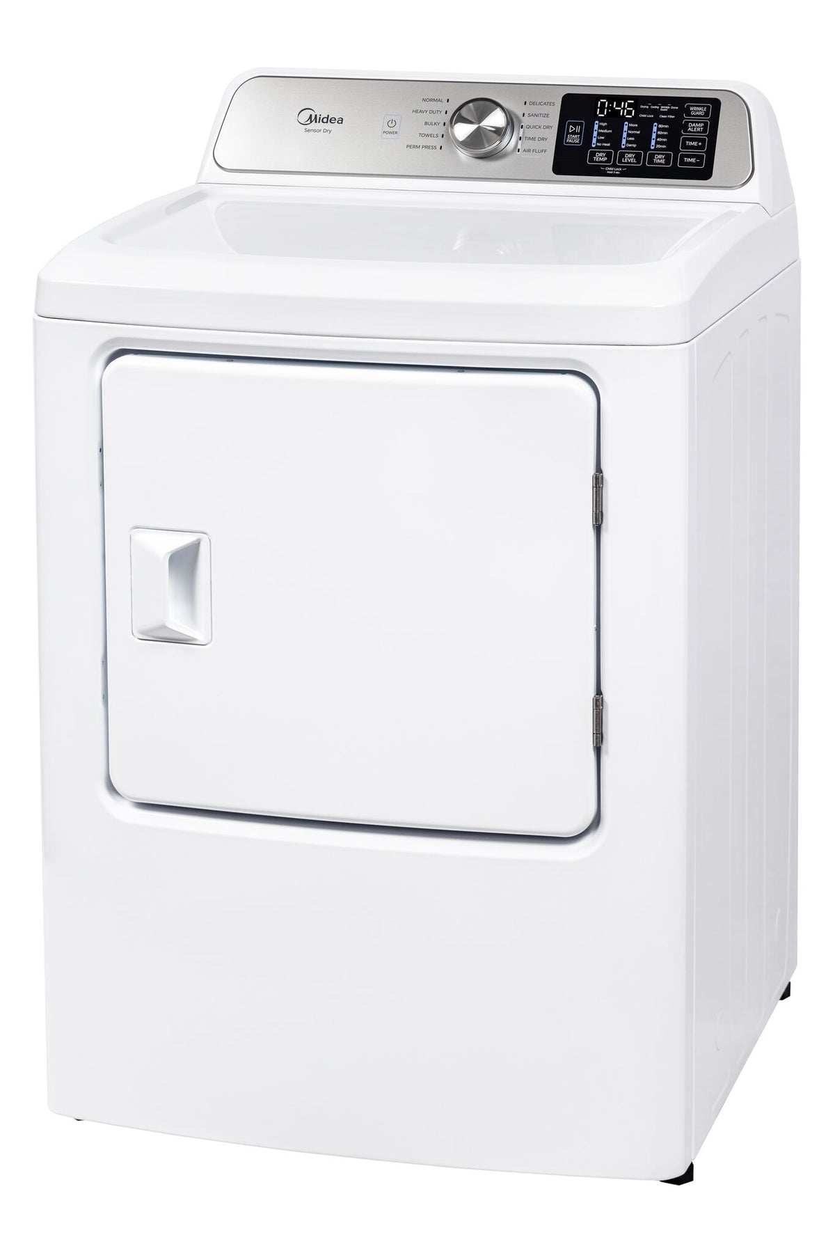 Angled view highlighting the white cabinet, square door and grey control panel