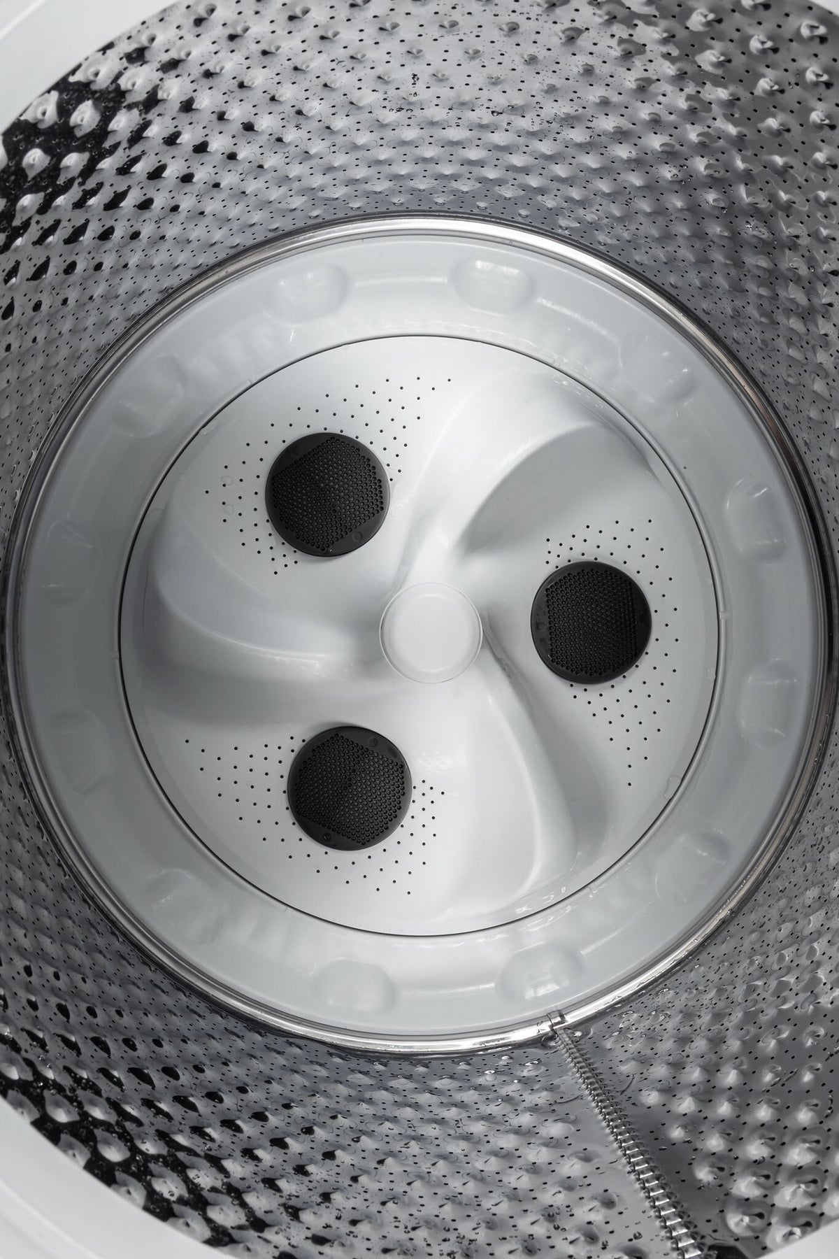 Close-up of the stainless steel wash tub and three-filter impeller wash plate