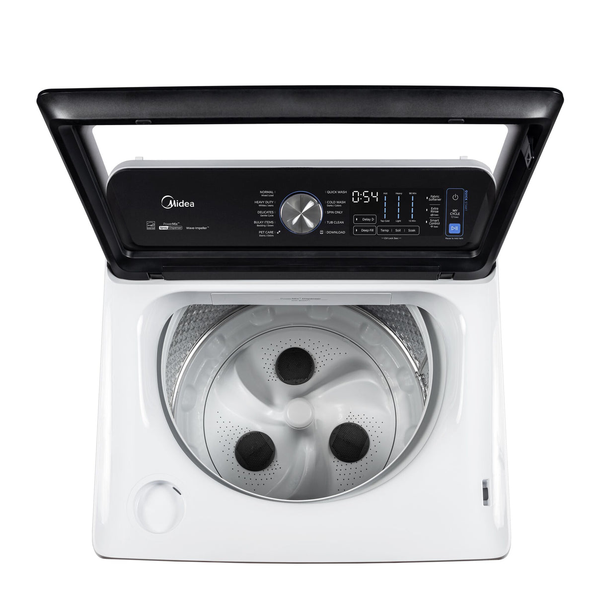 Open washer showing the stainless steel tub and low-profile Wave Impeller