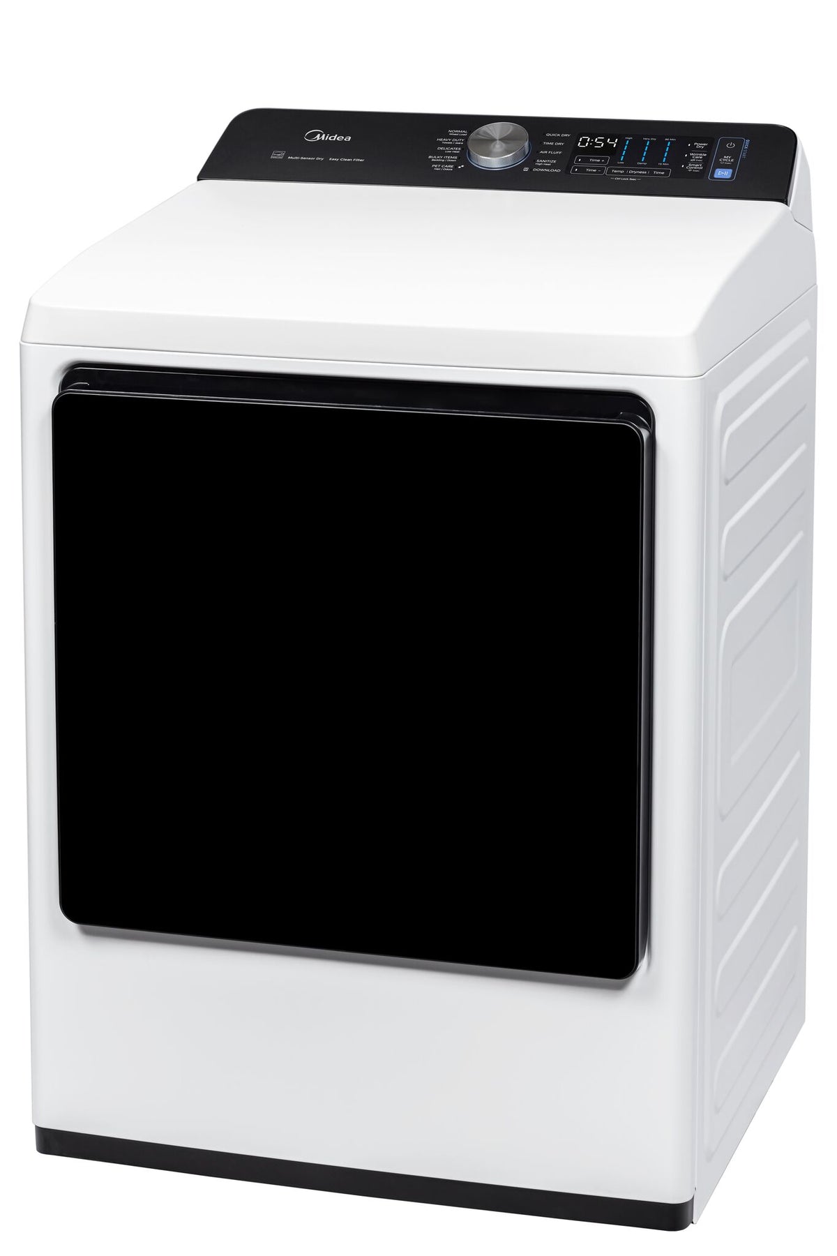 Angled view showing the white cabinet, black door and raised control panel