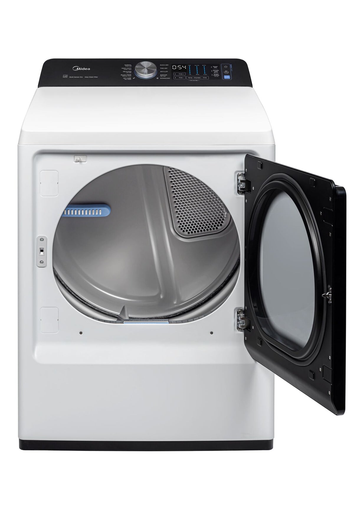 Open dryer revealing the grey drum, interior vent and black glass door