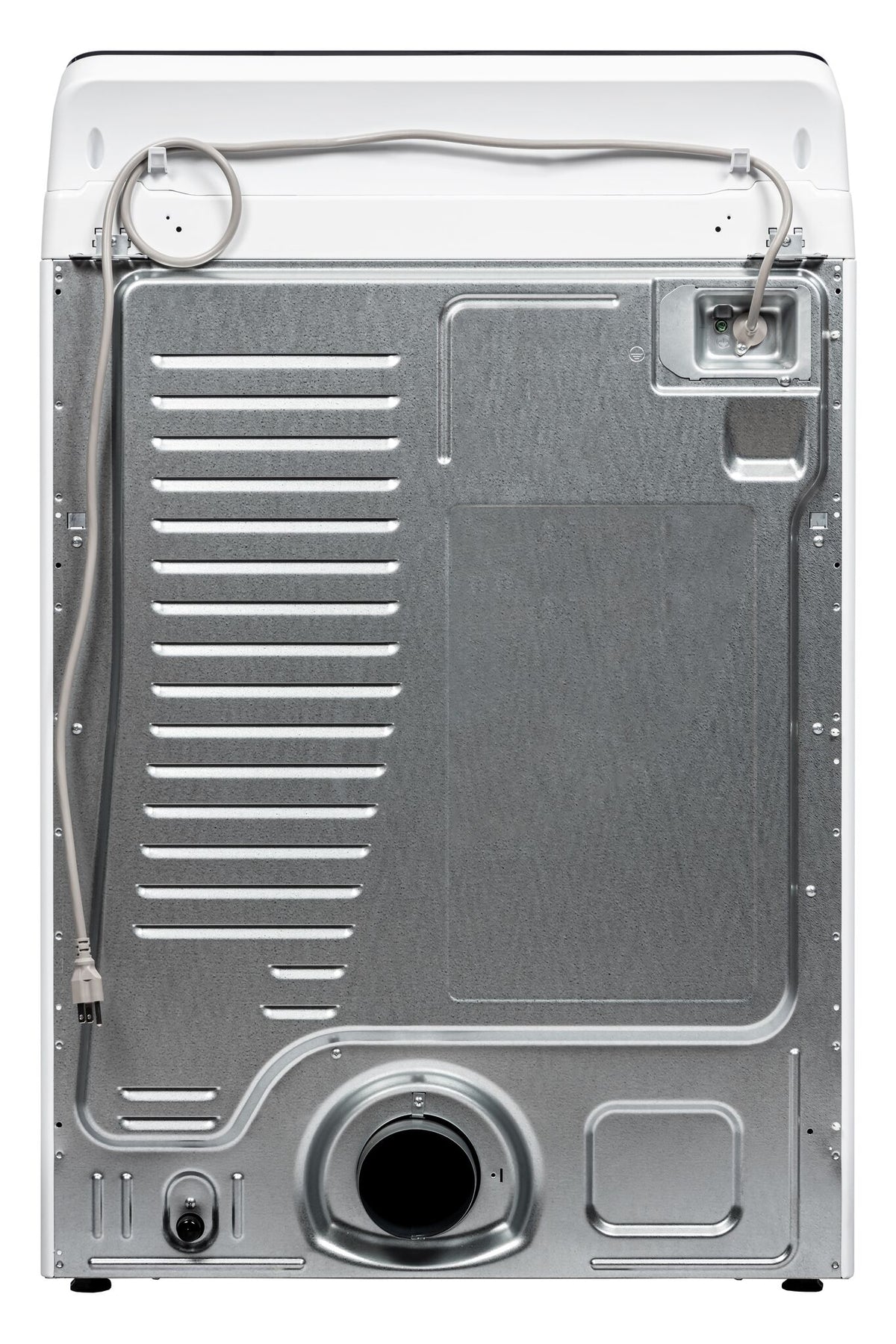 Rear view showing the metal back panel, vent outlet, power cord and connection points