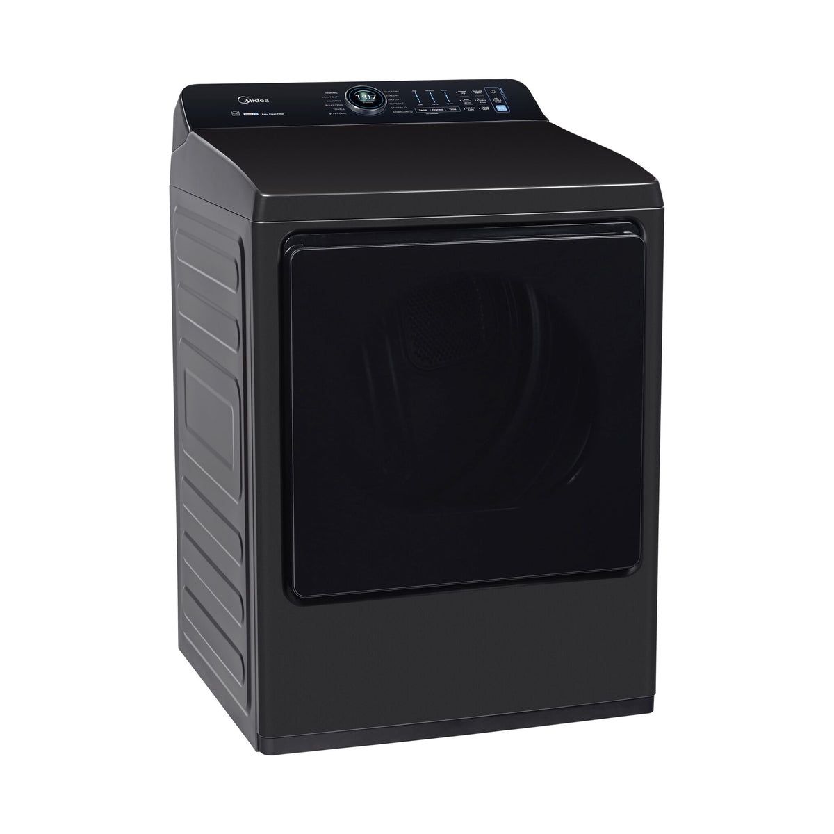 Angled view showing the charcoal finish, black door and illuminated TFT controls