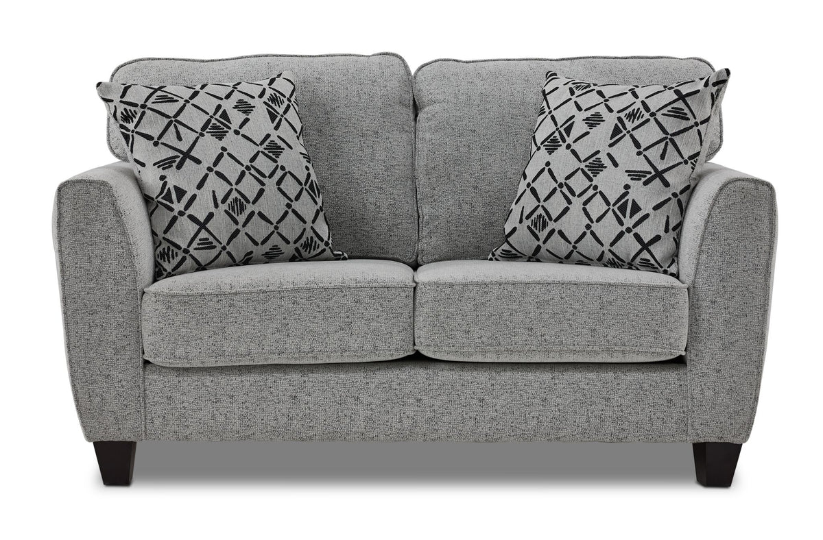 Moncton light grey loveseat with two back cushions, accent pillows and clean front view