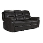 Peyton Power Reclining Sofa - Grey angled view with three cushioned seats, padded arms and leather-look upholstery