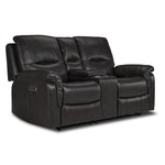 Peyton Power Reclining Loveseat - Grey angled view with two cushioned seats, padded arms and centre console