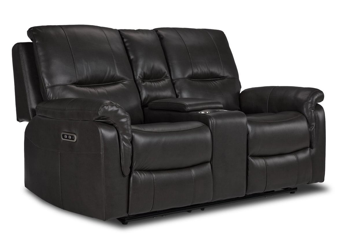 Peyton grey power reclining loveseat angled view with two cushioned seats, centre console and padded arms