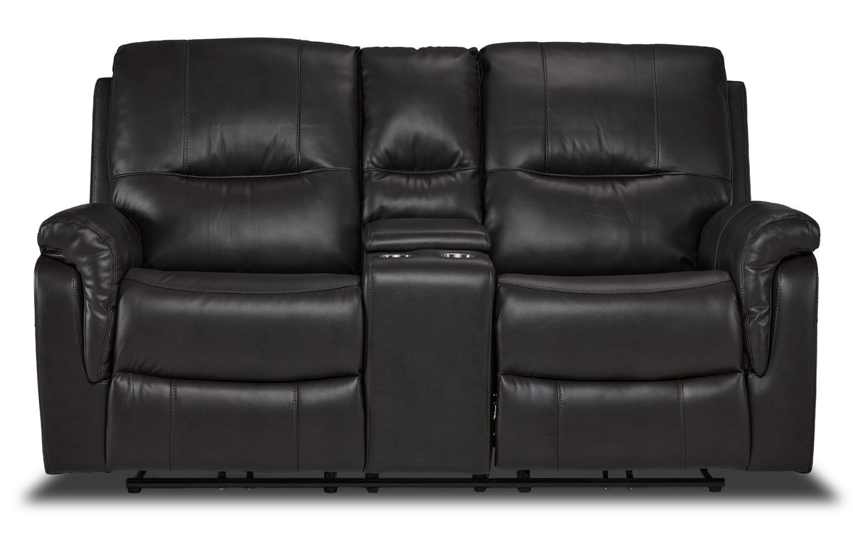 Peyton grey power reclining loveseat front view with two padded seats, tall backs and centre console