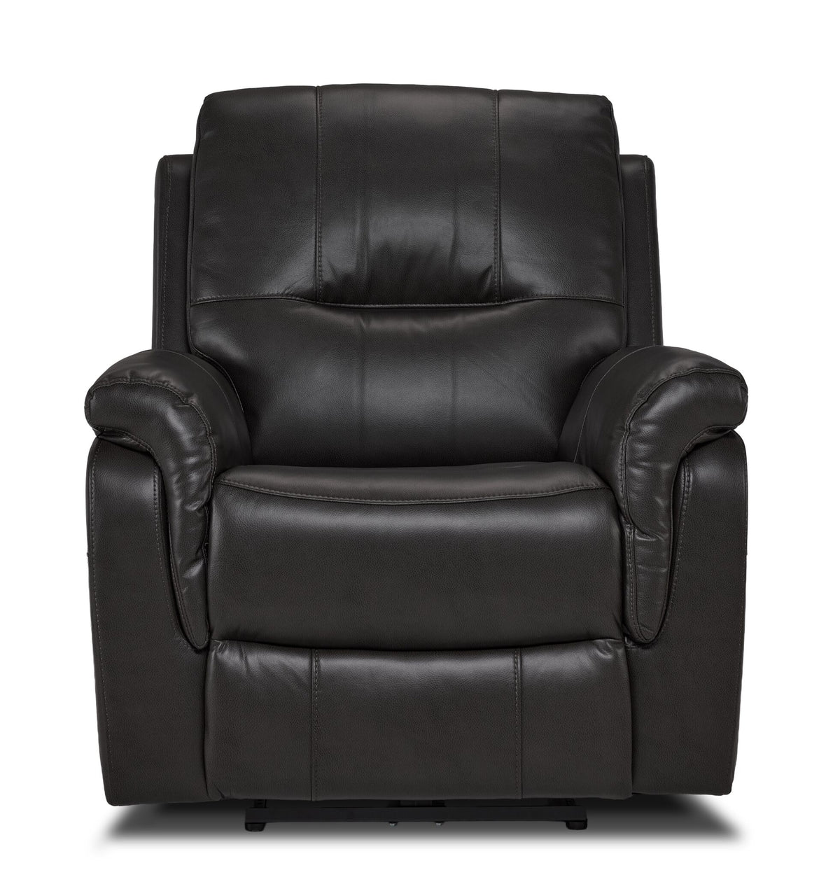 Peyton grey power recliner front view with padded backrest, wide seat and rounded cushioned arms
