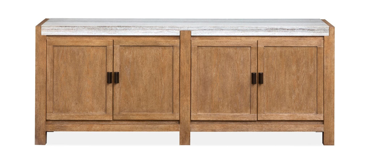 Plum Creek 70-inch Sierra Brown TV stand with marble top, centre media shelves and cabinet storage