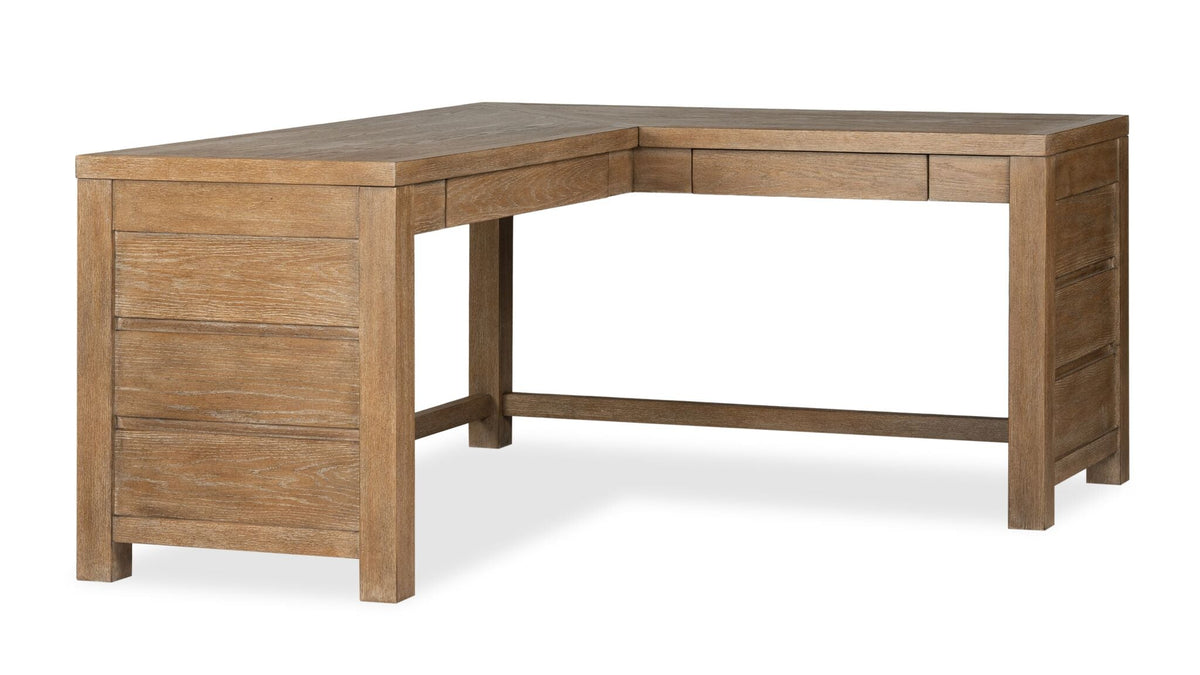 Plum Creek 70-inch Sierra Brown corner desk with L-shaped work surface and wood stretchers