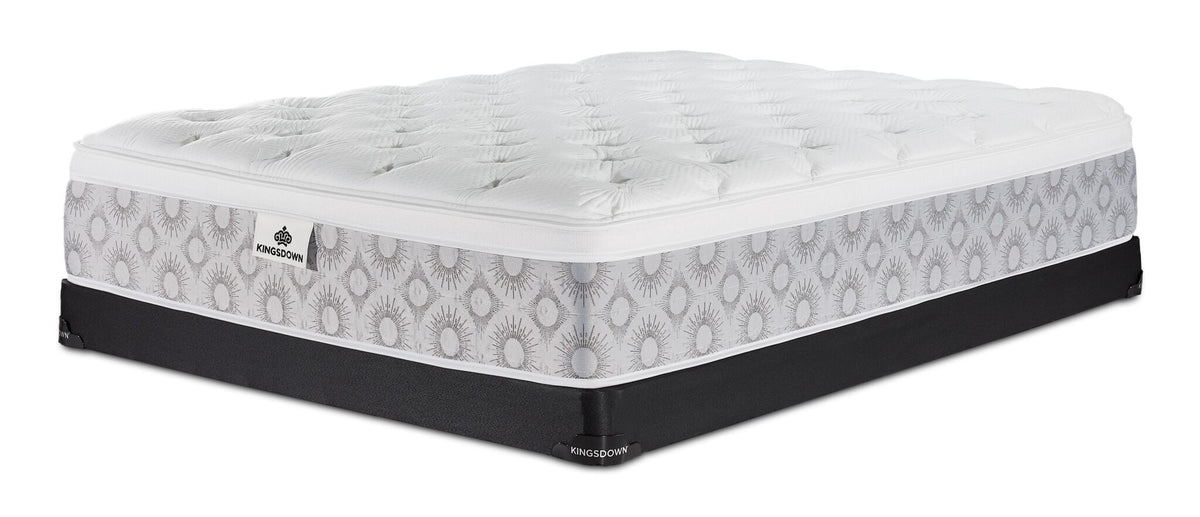 Kingsdown Quinlan Plush Euro Top twin mattress and black low-profile boxspring set, shown at an angle