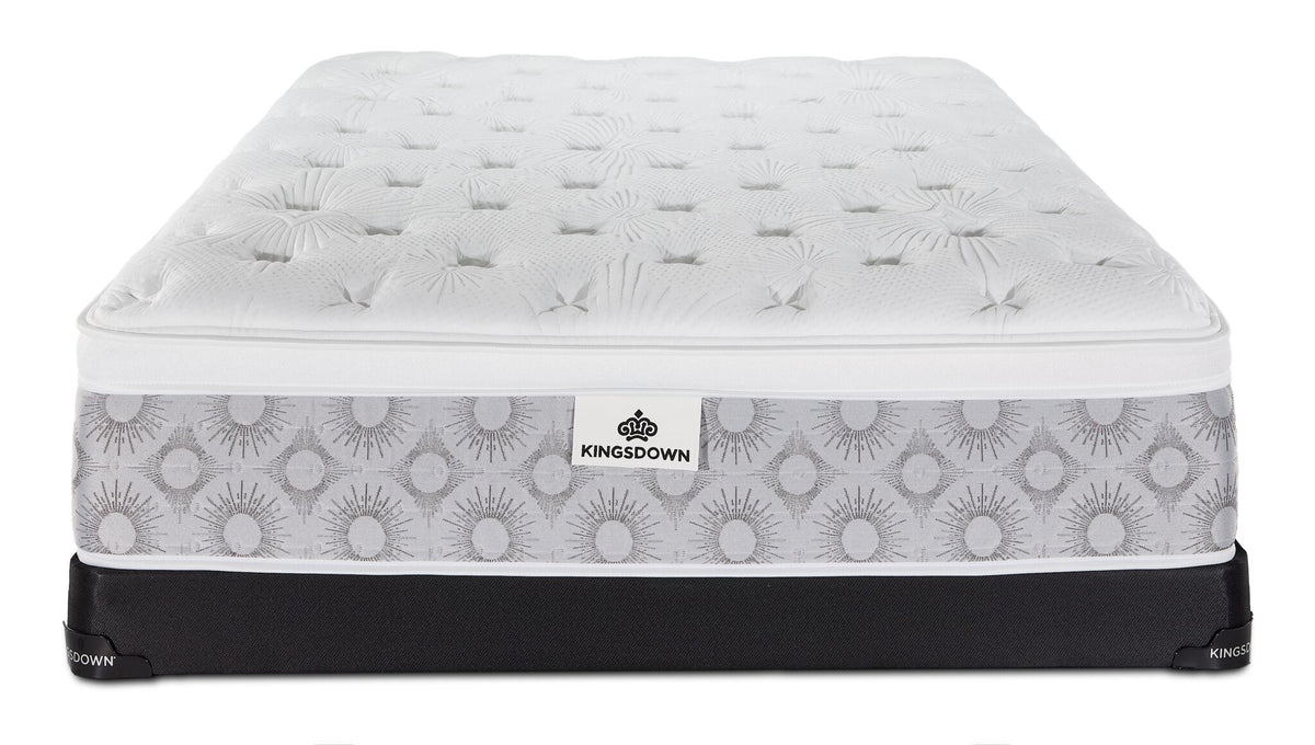 Front view of the Kingsdown Quinlan Plush Euro Top full mattress and black low-profile boxspring set